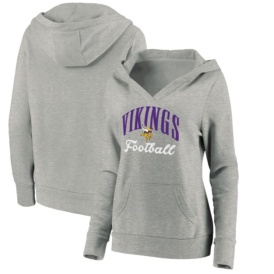 Women Minnesota Vikings Fanatics Branded Heathered Gray Victory Script V-Neck Pullover Hoodie->women nfl jersey->Women Jersey